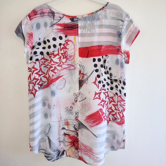 Tianello 100% Silk Blouse Short Flutter Sleeve Roses & Polka Dots  Women's Small - Picture 3 of 7